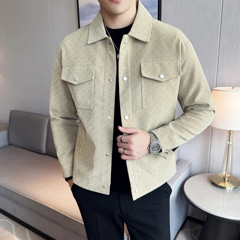 autumn full pattern PU leather jacket fashion lapel short motorcycle jacket mens ultra-thin casual business jacket 241023