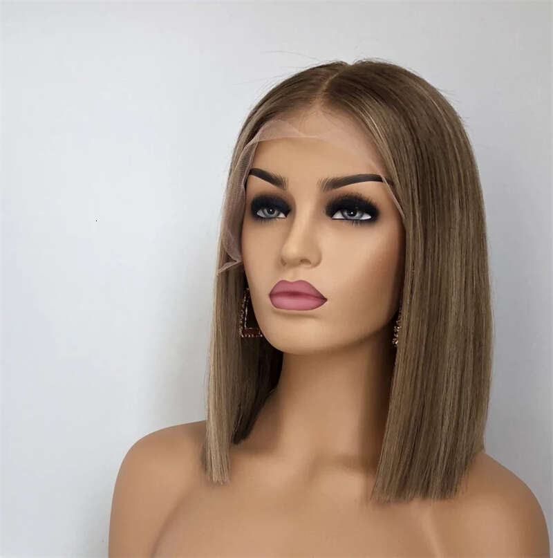 Short Bob Ash Blonde Frontal Wig 100% Brown Highlight 13x4 Straight HD Lace Front Human Hair Wigs For Women