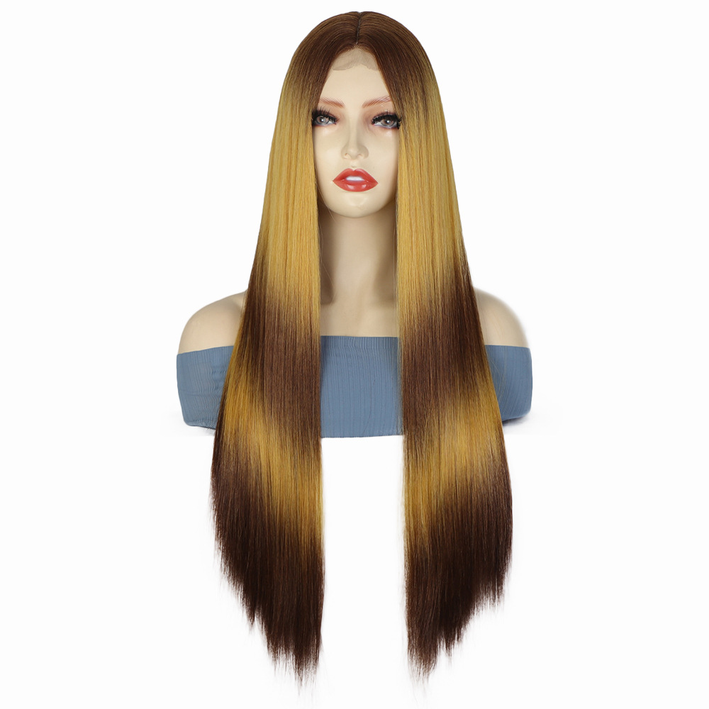 Long Ash Blonde Highlight Lace Front Wig Hair Brown mixed blonde Straight Transparent Lace Frontal Wig For Women Synthetic Heat Resistant