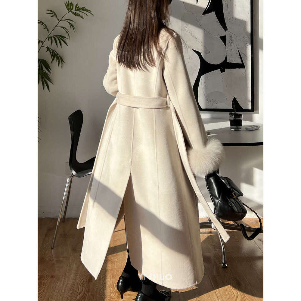 Rose Korean Double-Sided Cashmere Real Fox Fur Sleeve Black Double-Breasted Lapel Long Wool Coat Women