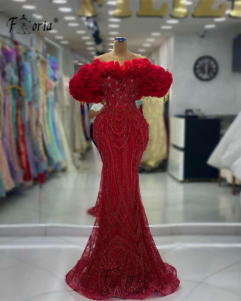 Grand Red Wedding Dress Ruffle Tulle Necke Formal Ocn Gown Pearls Crystal Mermaid Bride Dresses Vestido De Novia