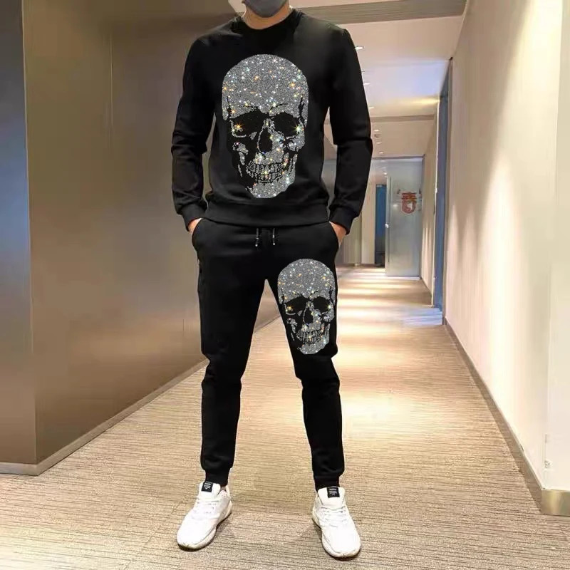 Mens set diamond hooded sweatshirtpants two-piece casual track and field wear mens sportswear clothing sweater set Rheinstone 241023