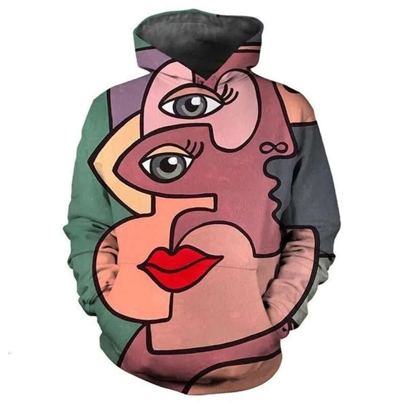 Abstract Face Art Pattern D Printing Hoodies Long Sleeve Oversize Pullover Hoodie Streetwear Men Clothes Autumn Swearshirt