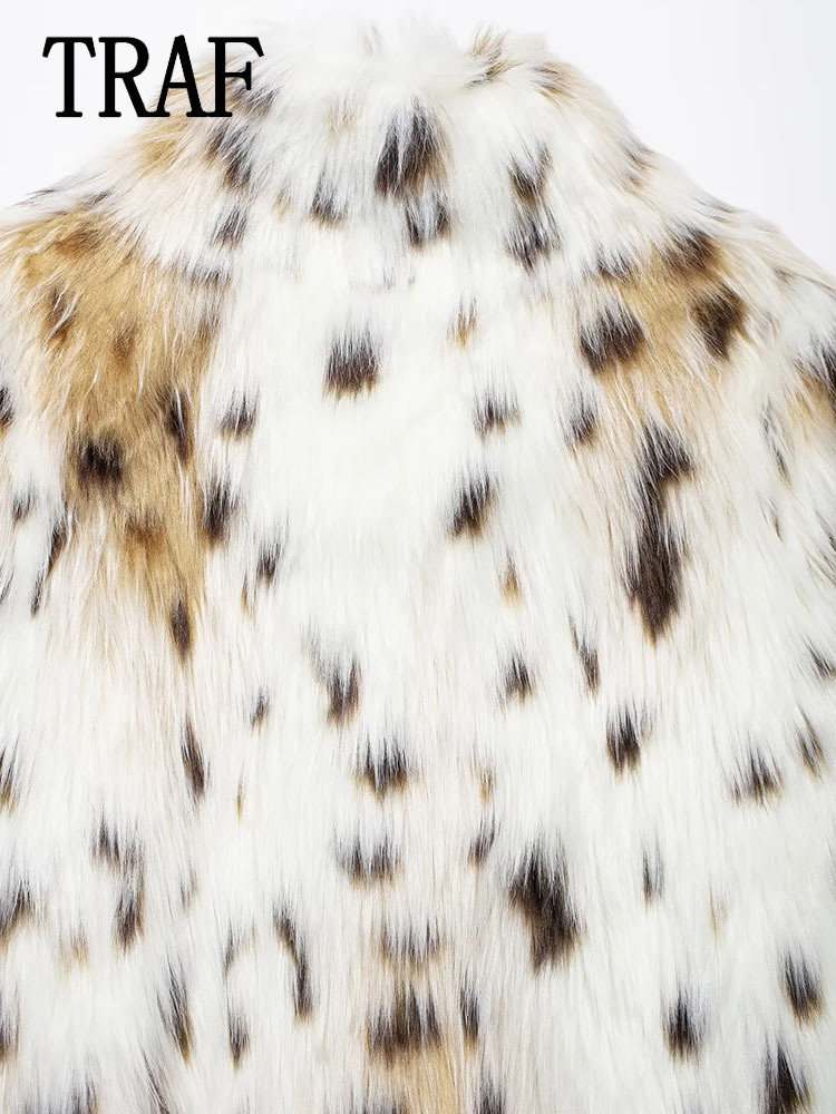 TRAF Women's Fluffy Faux Fur Warm Fashion Animal Print Long Sleeve Overcoats Thick Outerwear Casual Coat Female