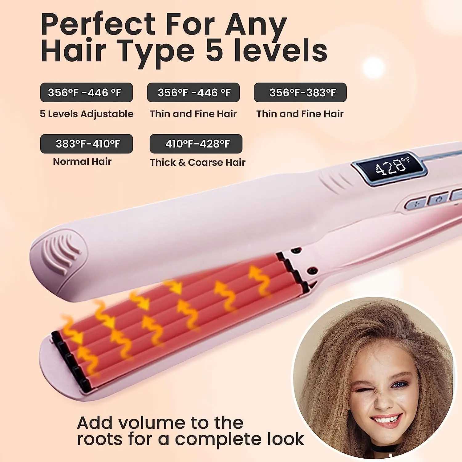 New Arrival Pink Ripple Hair Curling Iron 13 Adjustable Temperature LCD Display Hair Curling Iron for Fluffy Hair Tool Z241022