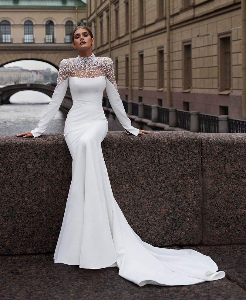 Pearls Beading Mermaid Wedding Dress High Neck Long Sleeve Satin Bride Dress Formal Custom Made Bridal Gowns