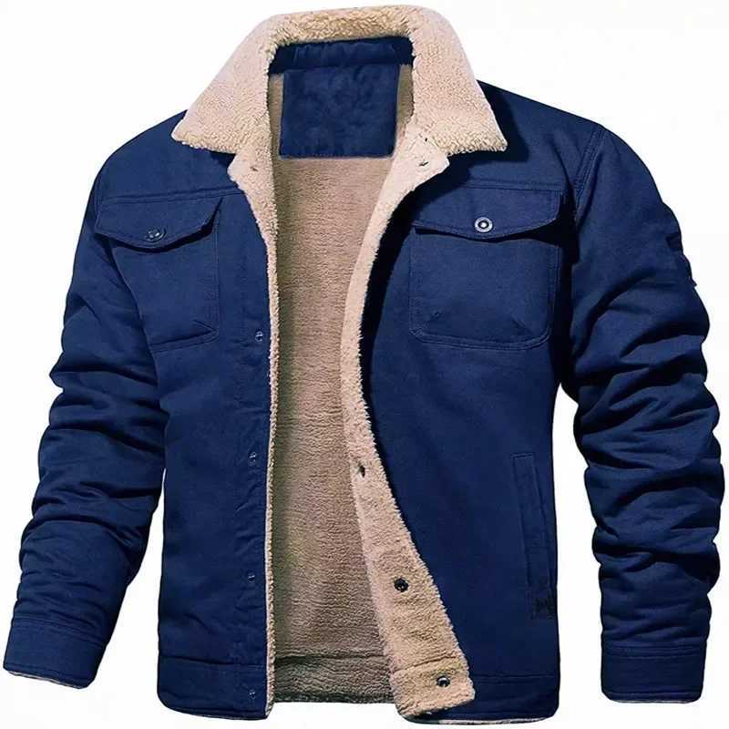 Winter mens thick warm cargo jacket with collar high-quality mens lining wool thick jacket mens bomber jacket American 3XL mens clothing X241023