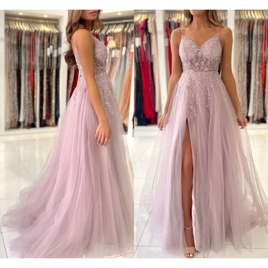 Chamapgne Blue Pink Stunning Prom Dresses A E Spahgetti Straps Split Evening Gowns With Beads Sequins Backless Party Vestidos Bc5488 vening