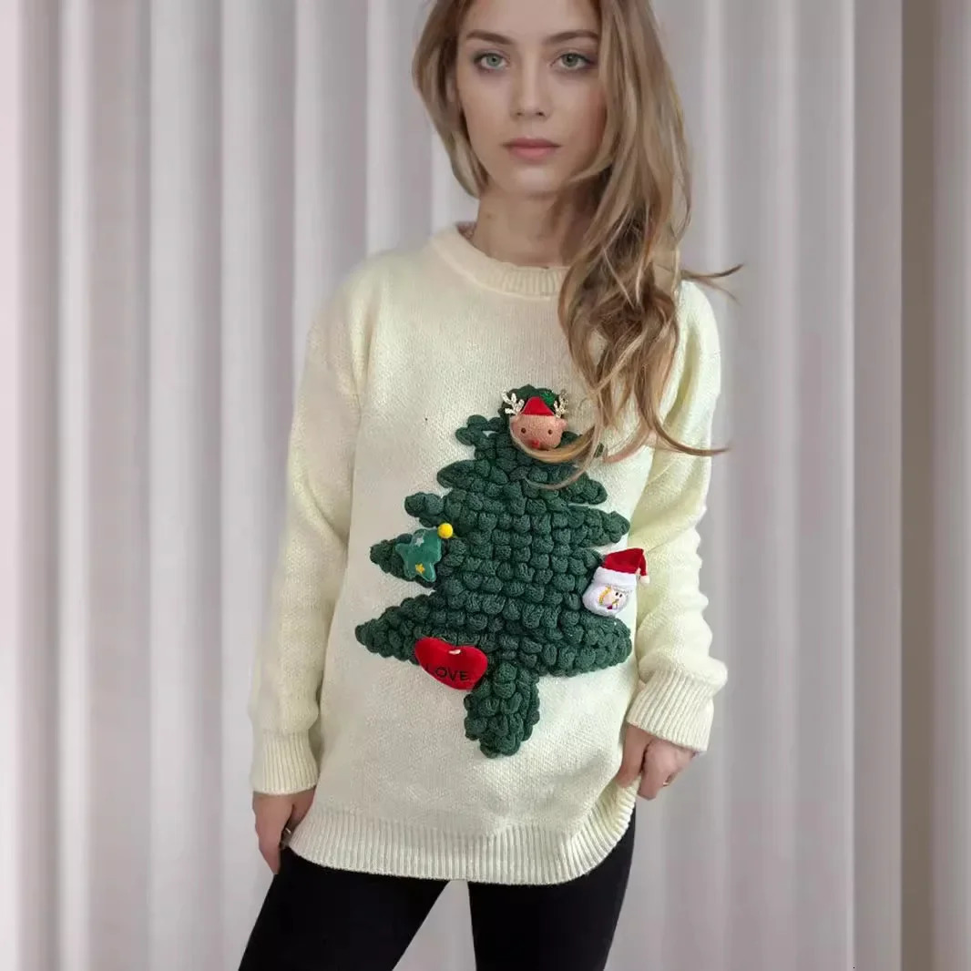 Autumnwinter Flocking 3D Christmas Tree Red Sweater Loosefit Year For Women 241021