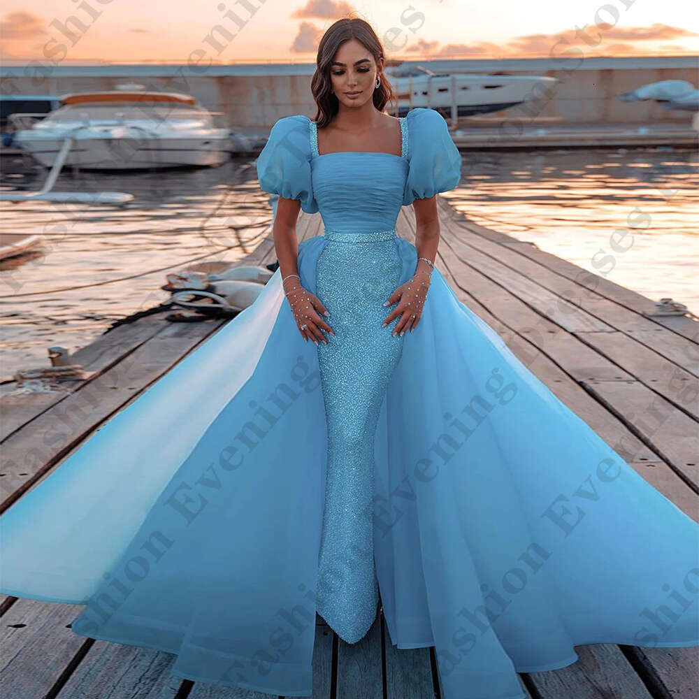Beautiful Evening Dresses For Women Square Neck Short Sleeves Elegant Fluffy Princess Style Mopping Party Prom Gowns