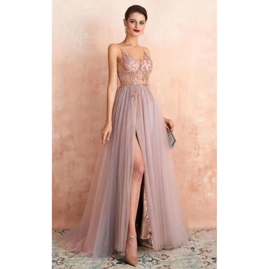 A E Tulle Modern Prom Dresses Sexy Spaghetti Straps Front Slit Long Evening Party Gowns Open Back Bridesmaids Wears Bc18028 vening