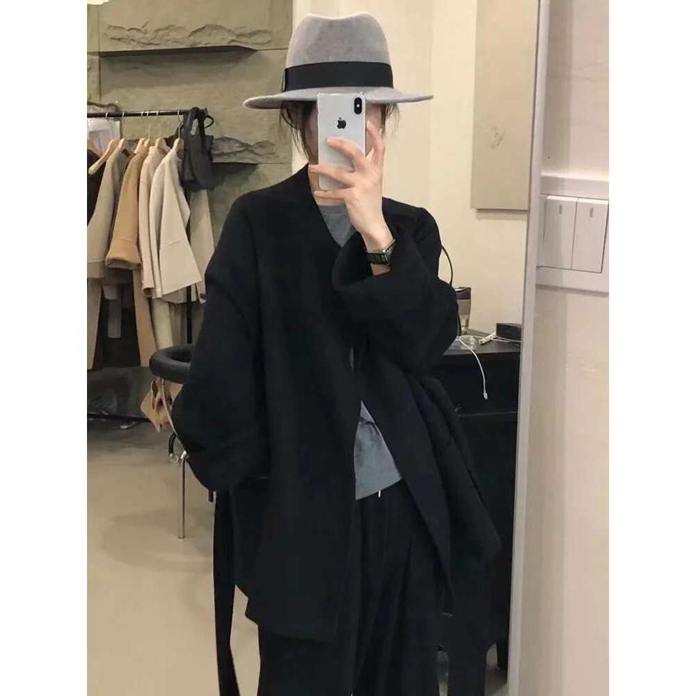 Rose Korean Double-Sided Cashmere Winter New Short Warm Fashion Lace-Up Casual Round Neck Wool Coat Women
