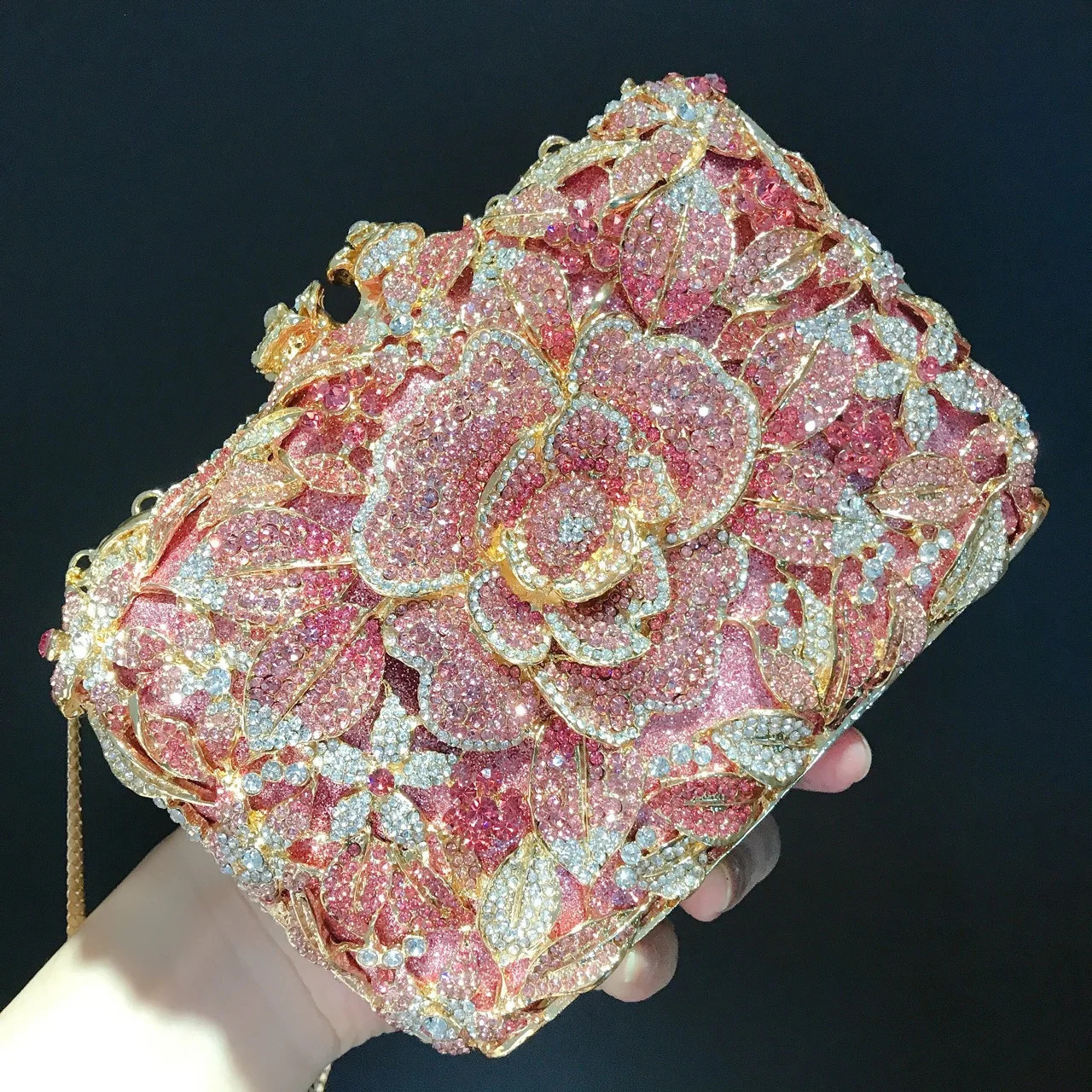 Pink rhinestone flower clutch wallet crystal er womens dinner party handbag unique diamond wedding evening bag 241023