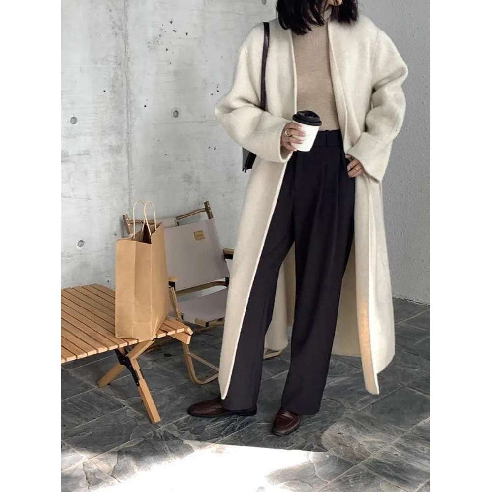 Rose Double-Sided Alpaca Korean High Quality Light Grey Winter New Collarless Bathrobe Wool Coat Women
