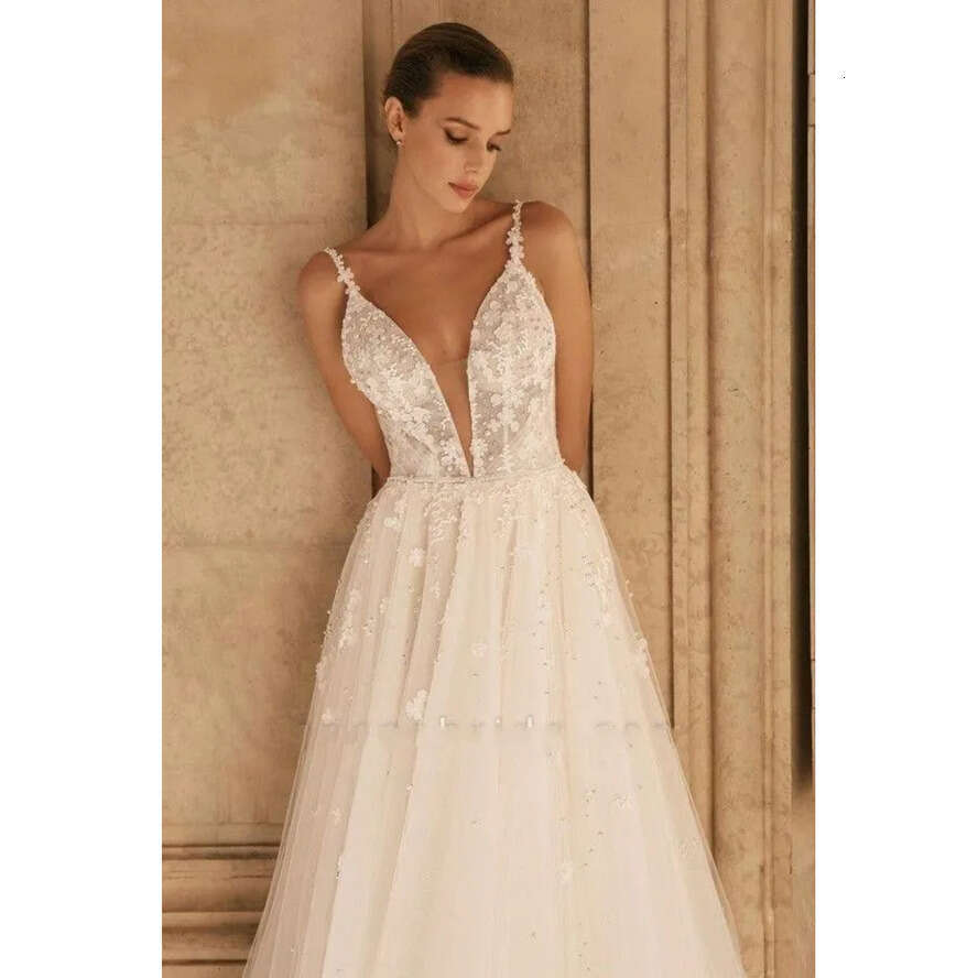 Sexy 2024 A New E Spaghetti Straps Wedding Dresses Backless Appliques Tulle Ruffles Long Bridal Gowns Plus Size Bc16587 ppliques