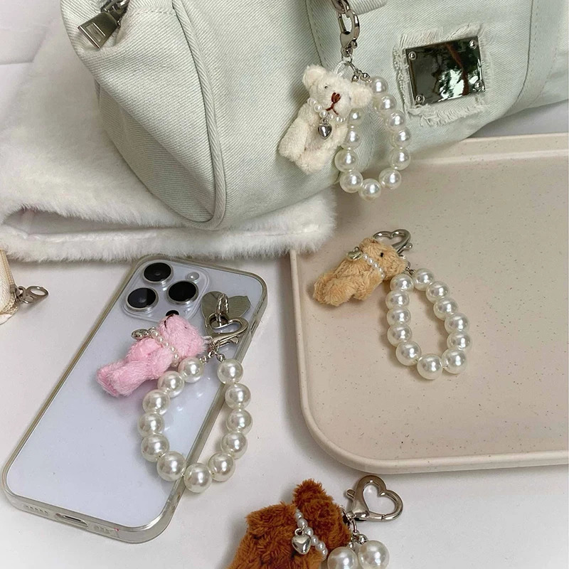 Plush Teddy Bear Pearl Bracelets Cell Phone Chain Cute Doll Bag Charms Keychain Pendant Girl Heart Hanging Ornament 241017