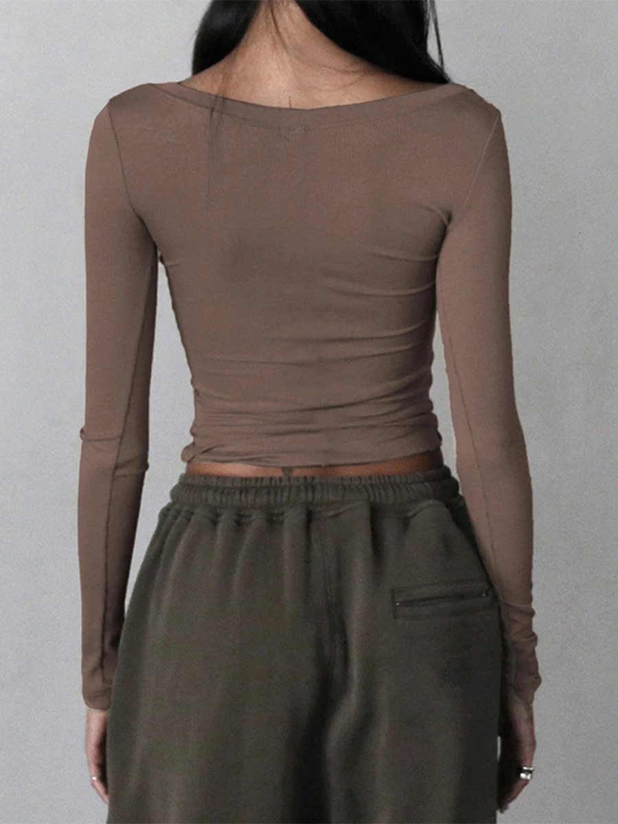 Women Y2 Square Neck Long Sleeve Shirt Sexy Slim Fit Ribbed Crop Top Fall Basic TShirt Fairy Grunge 90S Streetwear 241022