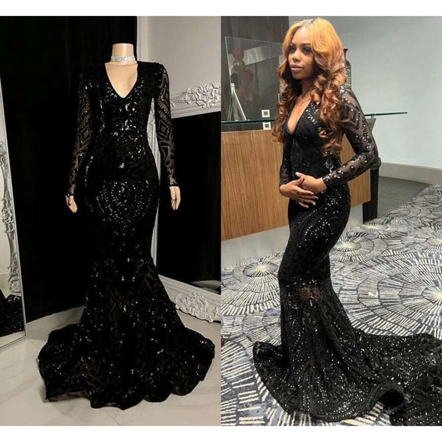 Black Sleeve Vintage Long Lace Sequined Prom Dresses For African Girls 2024 Celebrity Evening Gowns Sexy V Neck Illusion Vestidos De Bal Bc18481 estid