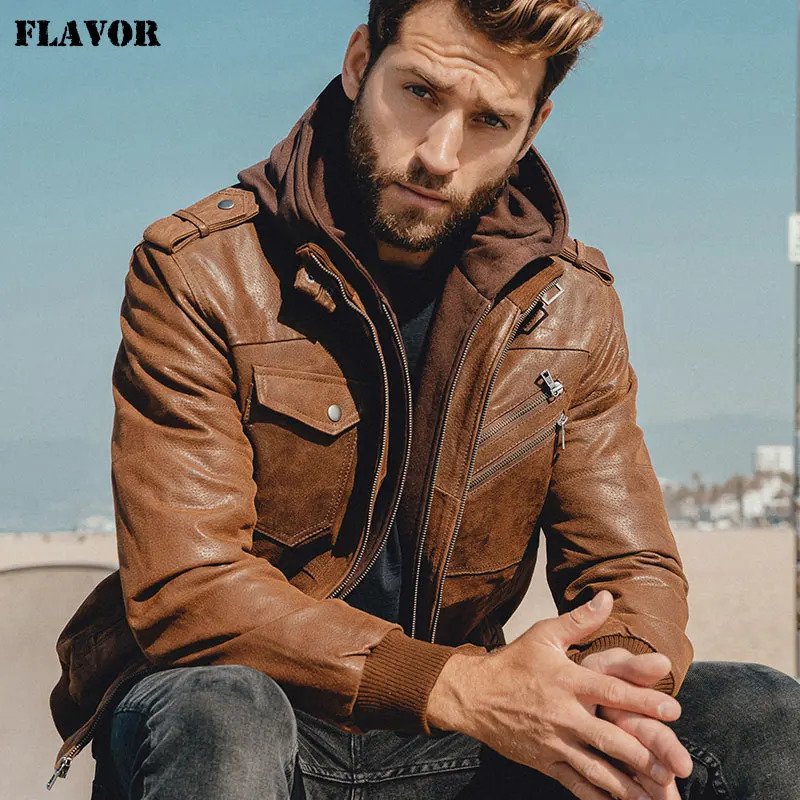 FLAVOR mens leather jacket mens motorcycle detachable hood winter jacket mens warm leather jacket 241023