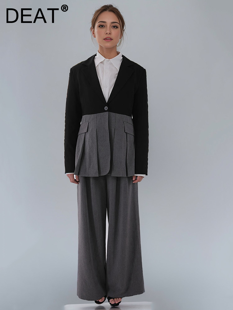 DEAT Afashion Women's 2 Pcs Set Notched Collar Contrast Color Single Button Folds High Waist Slim Suit Spring 2024 New Cpdb055