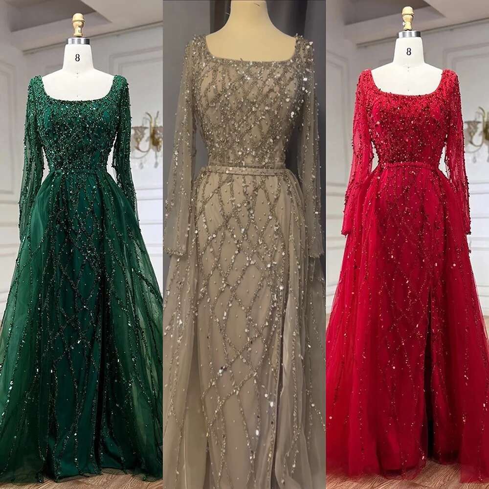 Serene Hill Red Beaded Split Evening Dresses Dubai Mermaid Elegant Sleeveless 2024 For Woman Party