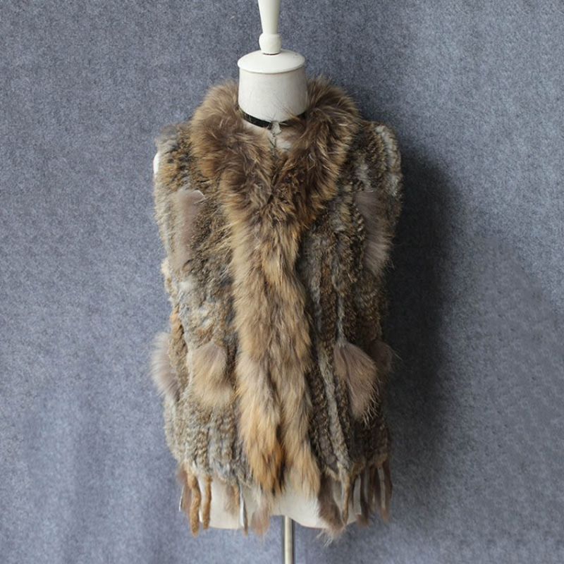 OC 407M18 Women's Coats Rabbit Fur Vest Raccoon Fur Collar True Fur Grass Winter Warm Jacket
