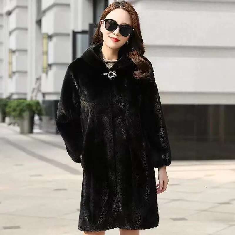 Autumn/Winter Thickened Women's Hooded Jacket Medium-Length Real Coat Duck Rabbit Fur