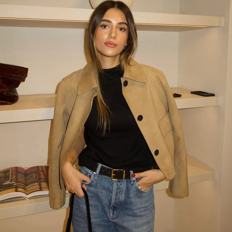 HXAO crop suede jacket womens retro office womens coat button jacket half season womens long sleeved bomber jacket 241023