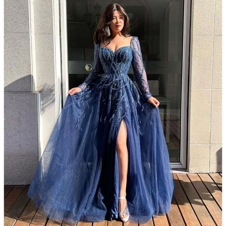 Evening Dubai Long Sleeves Dresses Women Glitter Sequin 2024 Formal Party Prom Gown High Slit Red Tulle Vestidos Bc18235