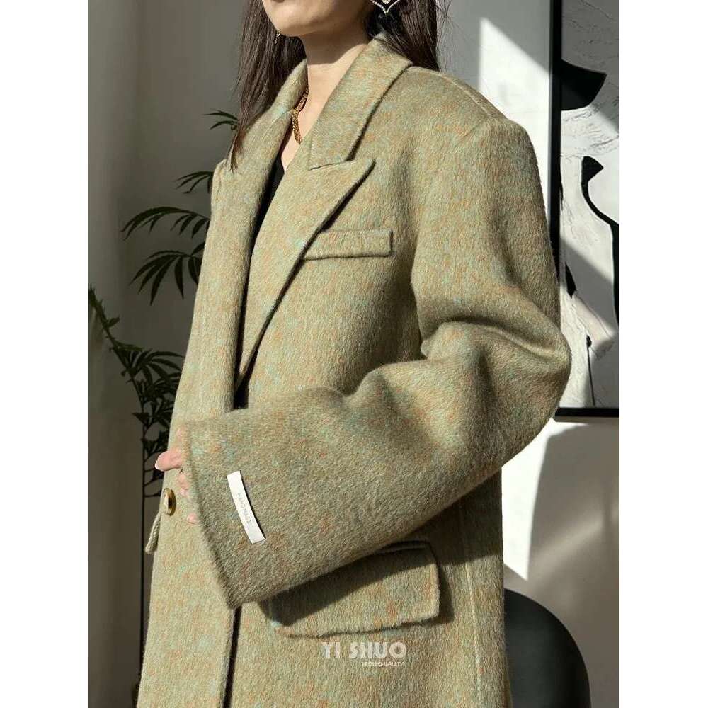 Rose Green Double-Sided Cashmere Suit Collar Straight Fit Long Wool Elegant Slim Woolen Coat Women 2023 New
