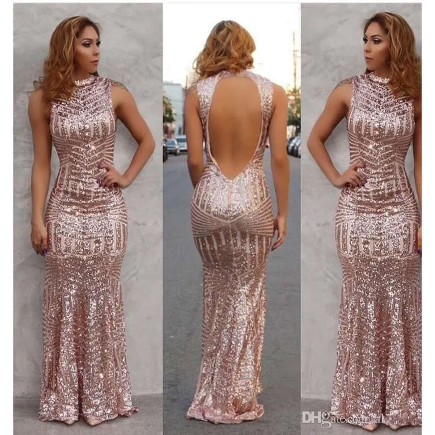 Gold Sexy Mermaid Rose Prom Dress Vestidos De Fiest High Neck Sequined Open Back Sleeveless Or Length Evening Party Gowns