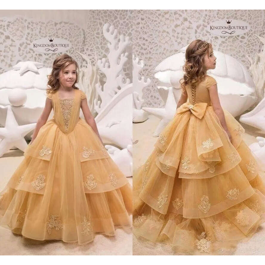Gold Dresses Princess Wer Cap Short Sleeves A E Appliques Beads Tier Ruffles Girl Pageant Gowns With Bow Sash Croset Back Teens Birthday Party Wears B