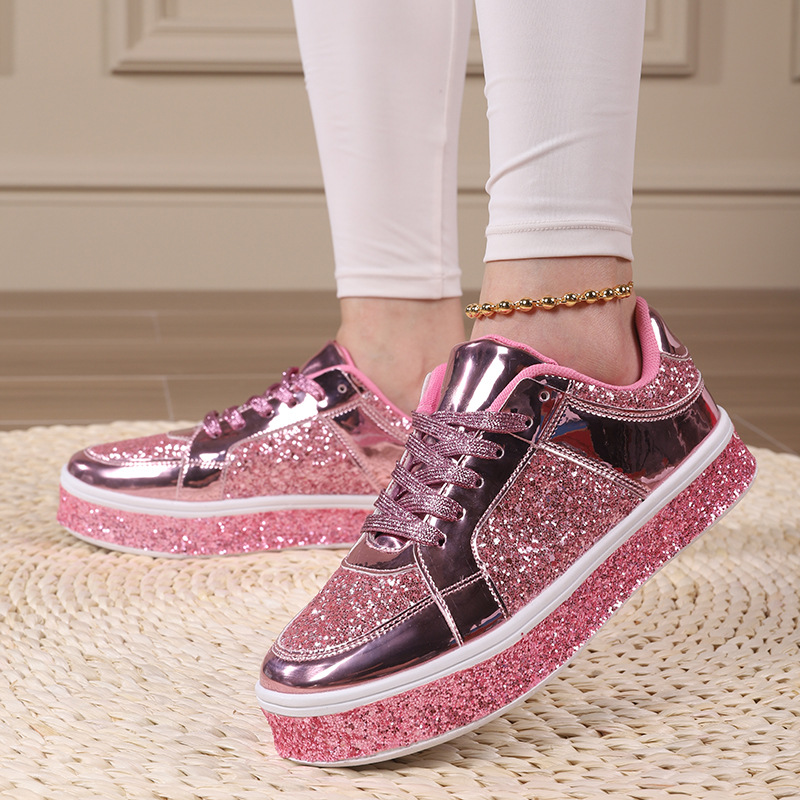 Korean version of the trend of casual thick soles board shoes new bright face fashion women's shoes low top lace-up flat shoes Pink fashion shoes