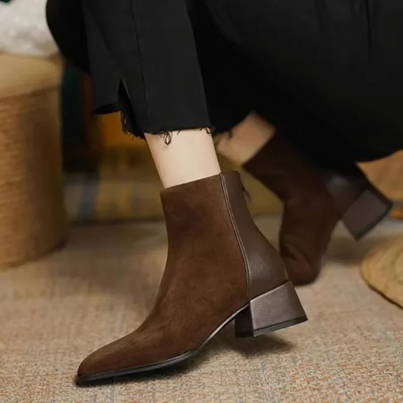 Autumn Square Toe Chunky Heel Ankle Boots for Women Winter Platform Suede Shoes atos 241021