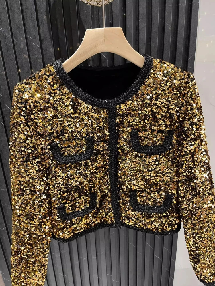 sparkling sequin short jacket for women French gold single chest coarse tweed woven set Casaco jacket 241023