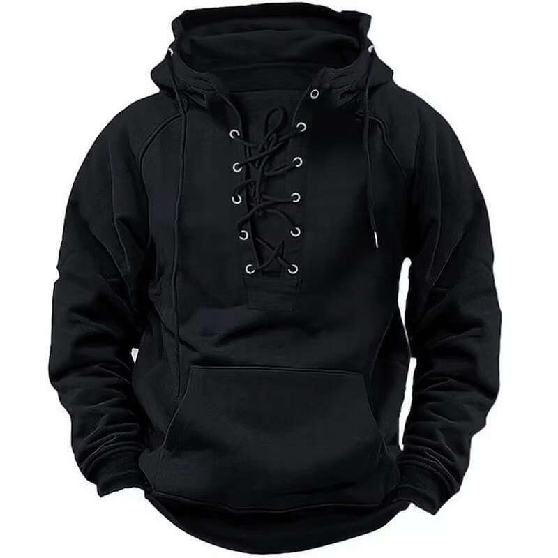 High end Trendy Fall Mens Hooded Sweatshirts Lace up Drawstring Long Sleeve Loose Hoodies Men Streetwear Vintage Solid Color Hoodie