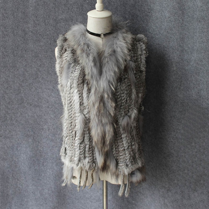 OC 407M18 Women's Coats Rabbit Fur Vest Raccoon Fur Collar True Fur Grass Winter Warm Jacket