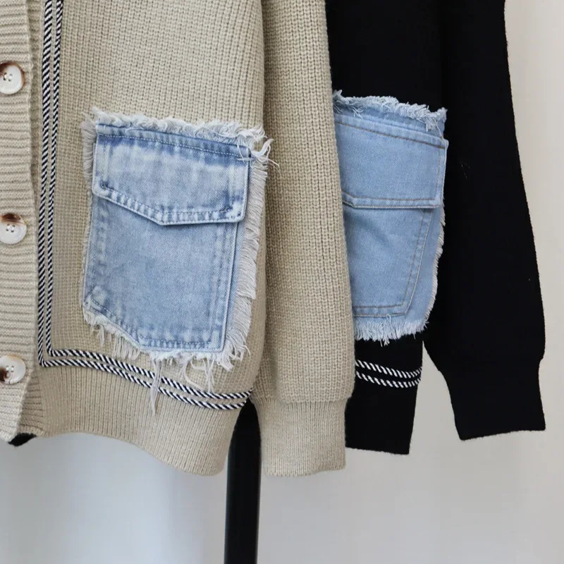 Women Sweater Denim Patchwork Cardigan Kintted Loose Spring Autumn Vintage Winter Streetwear Y2k Jumper Coat Cardigans 241021