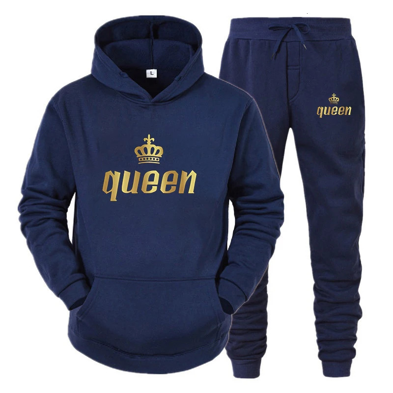 Fashion long sleeved king and queen printed hoodie set for autumn and winter couples 2-piece set of hoodie and pants 241023