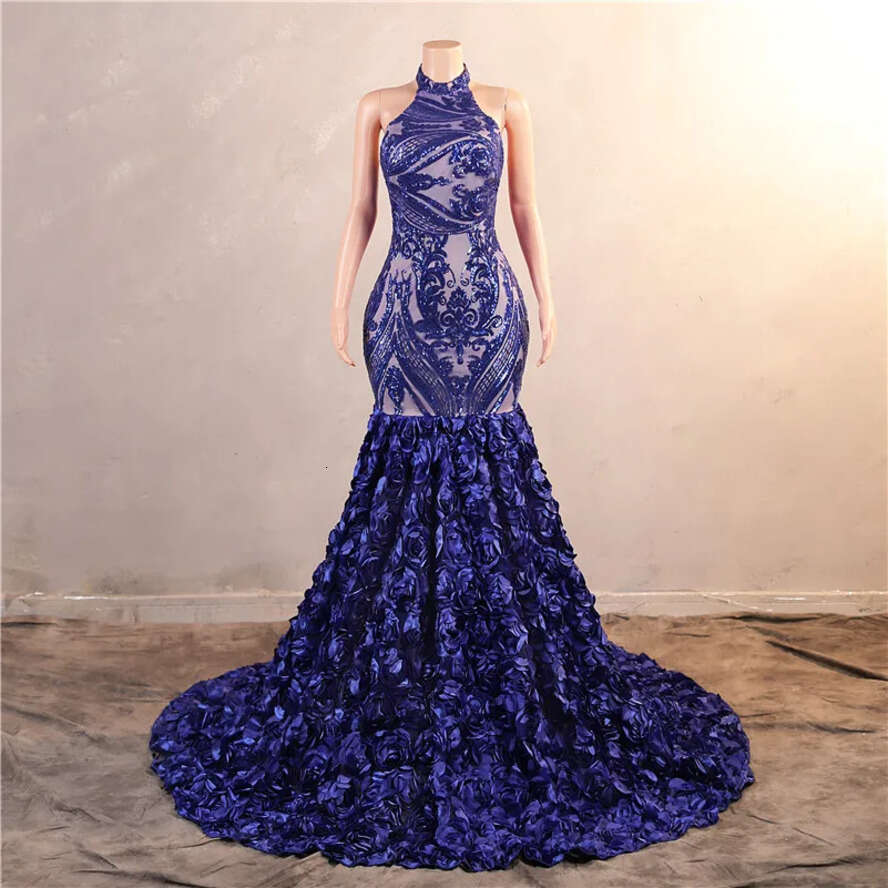 Ruffles Blue Cascading Royal Mermaid Prom Dresses Sequined Lace Wers Halter Neck Backless Long Women Evening Party Gowns Custom Made Bm3507