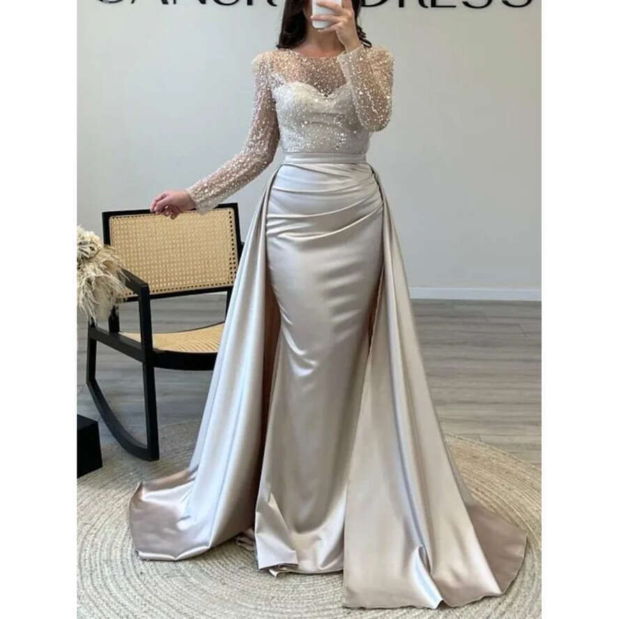 Vintage Long Arabic Dubai Sleeve Evening Dresses With Detachable Skirt Champagne Sier Mermaid Sparkle Sequined Women Ocn Party Gowns Bc
