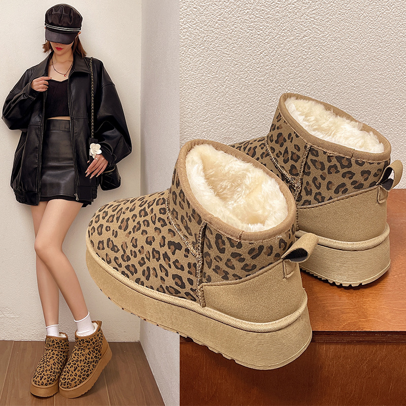 Winter Women's Snow Boots Thickened Plush Warm Leopard Print Cotton Boots