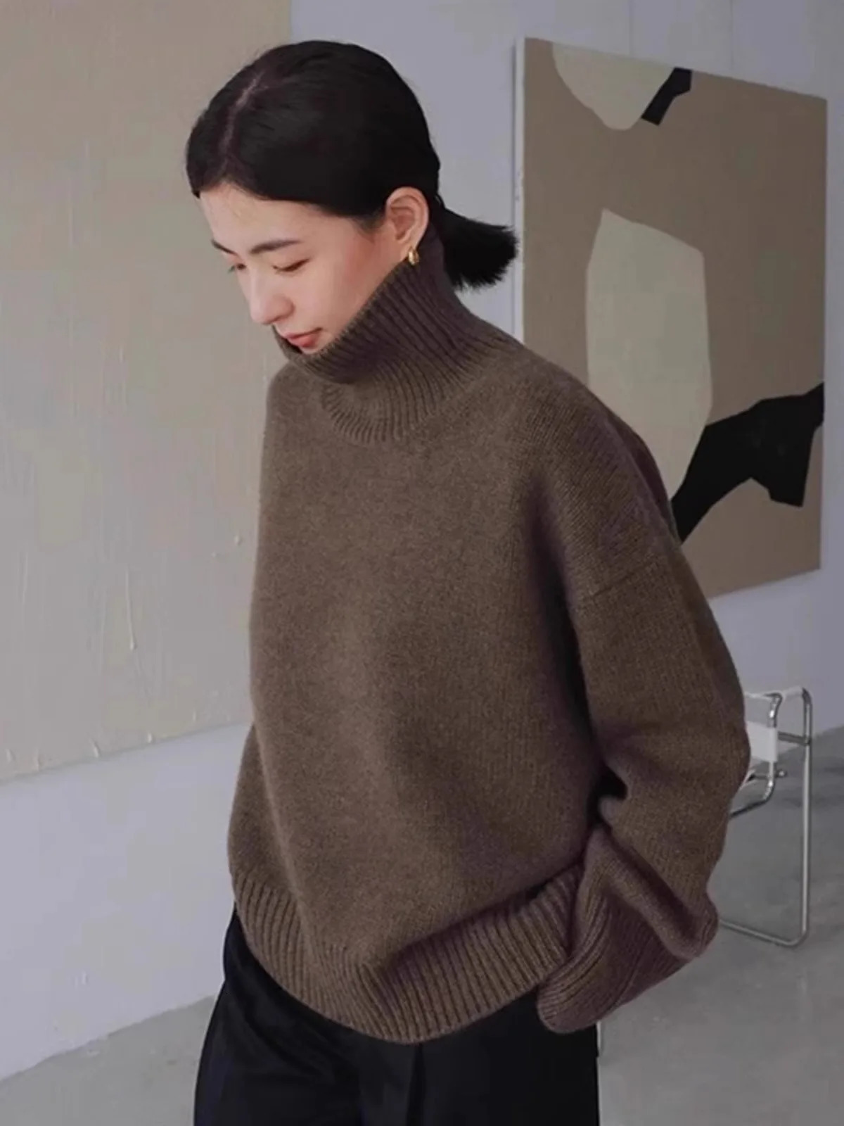 Highend soft waxy turtleneck 100% pure cashmere sweater womens lazy loose silhouette thickened base wool 241021