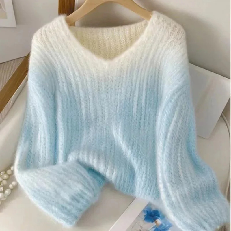 Autumn Winter Vintage Lazy Wind Loose Sweaters Women Vneck Gradient Knitted Pullovers Fashion Comfortable Soft Jumper 241021