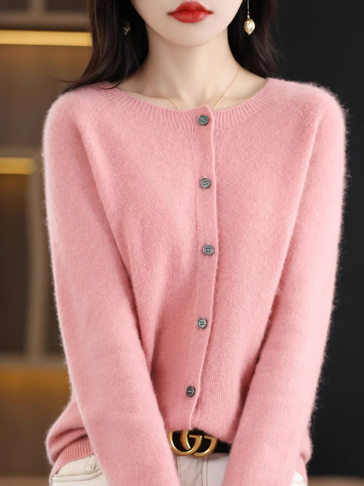 Womens cashmere sweater 100% Merino wool knitted cardigan autumn womens knitted O-neck solid color casual fashion top 241022