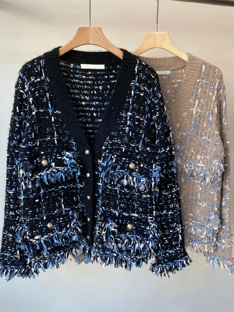 Korean fashion autumn V-neck tassel wool blend cardigan wool loose long sleeved sweater 241022