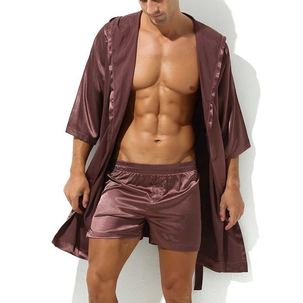 Hood Bathrobe Mens Shorts Set Pajamas Evening Dress Mens Silk Satin Night Light Kimono Bathrobe Spwear House Mens Robe W241023