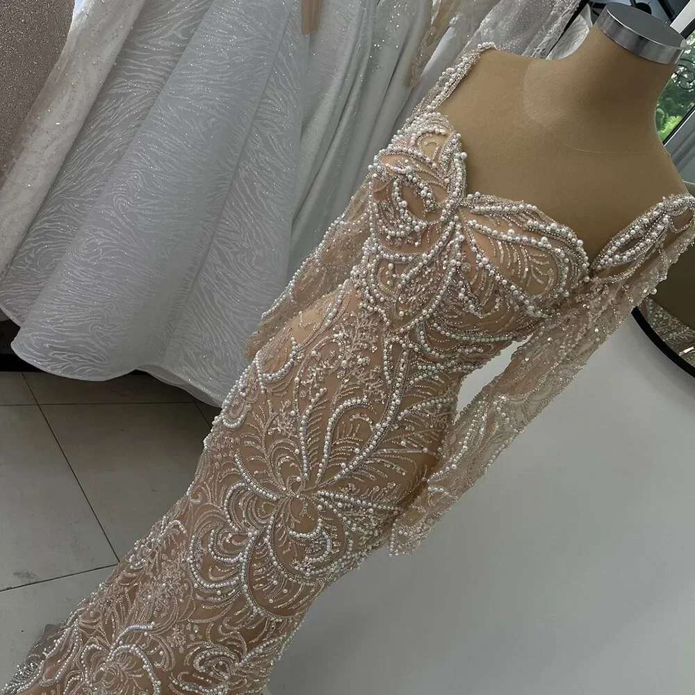Serene Hill 2024 Nude Mermaid Pearls Beaded Arabic Evening Gowns for Formal Ocn Dress