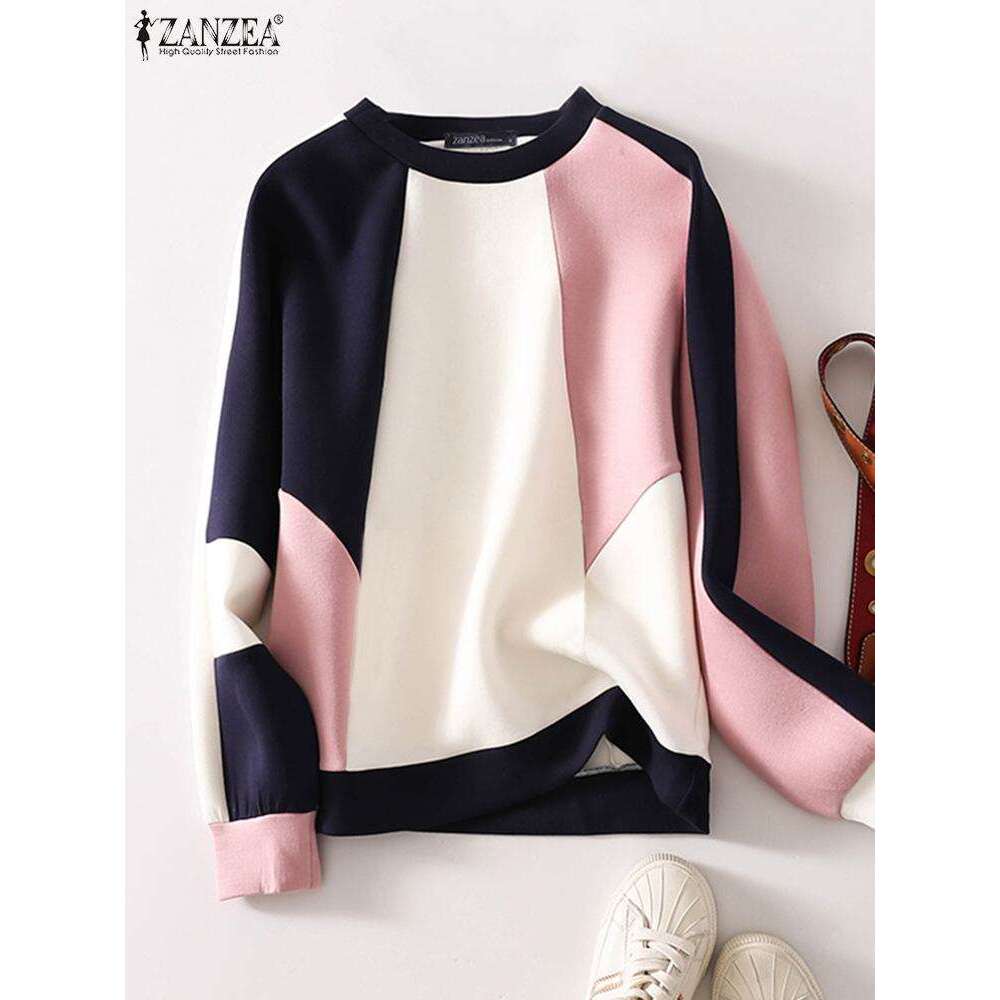 High end Fashion ZANZEA Autumn Pullover Tops Color Block Women Long Sleeve Korean Style Sweatshirts Casual Loose O Neck Hoodies