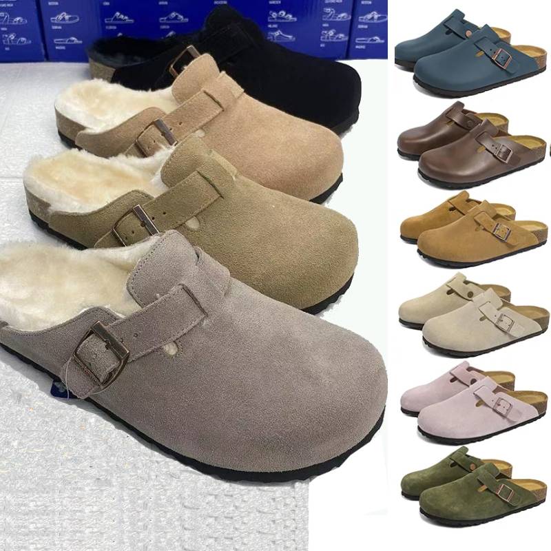 Boston Clogs big size 35-46 Designer Slippers shearling fur slides Mens Womens Suede Soft Footbed Taupe nubuck suedue Cork Slides Shoes london bostonclogs slippers